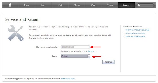 Can you get support for your Apple device through a serial number search online?