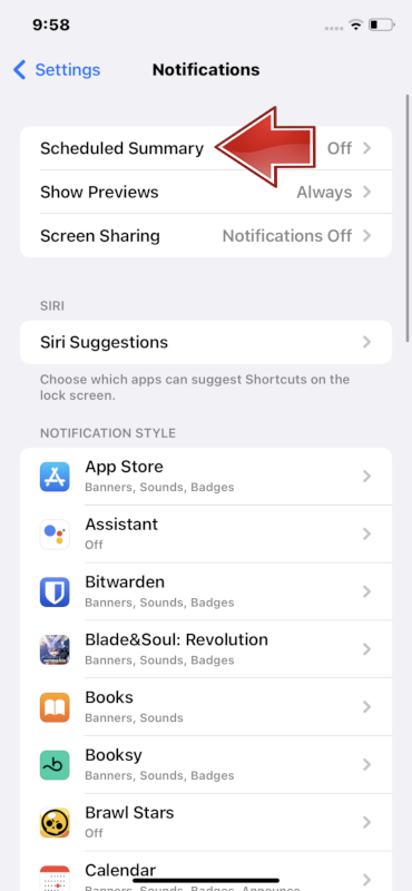 iPhone の通知 スケジュール ペインを設定します。